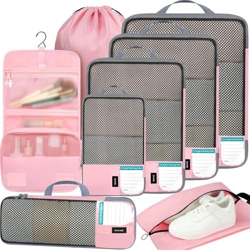 BAGAIL 4/6 Set/8 Set Compression Packing Cubes Travel Accessories Expandable Packing Organizers(HalfMesh, 8-Pink)