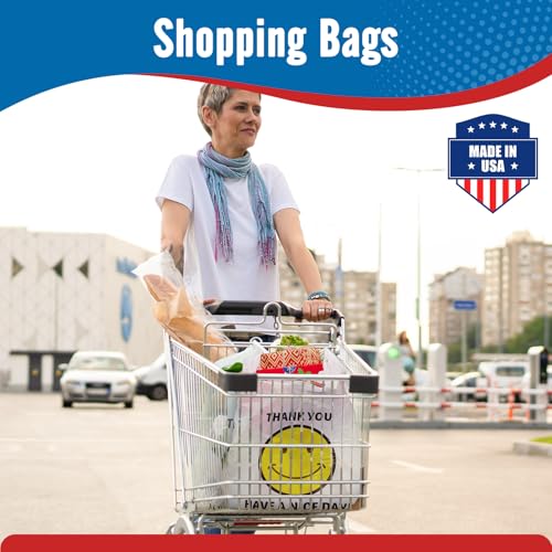 Fuxury 1000 Count Happy Smiling Face Thank You Plastic Bags (12" x 6.5" x 21") White, Have a Nice Day Bags for T-shirt, Grocery, Take Out, To Go, Retail Shopping in Bulk (Made in USA)