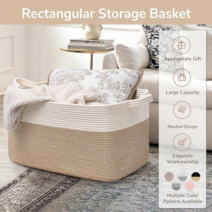 Goodpick Large Woven Blanket Basket, 21.6" x 14.9" x 11.8" Storage Baskets for Organizing, Rectangle Cotton Rope Toy Basket for Living Room, Bedroom, White & Brown