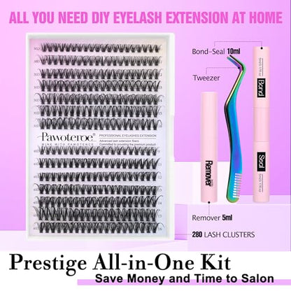 Pawotence Lash Extension Kit DIY 280pcs Individual Lash Clusters Kit 30D 40D Cluster Eyelash Extensions Kit with Lash Bond and Seal, Lash Remover, Lash Tweezers for Self Use (30D&40D, 9-16mm, All Kit)