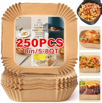 Air Fryer Liners Disposable, 250pcs Non-stick Disposable Airfryer Liners, 8 Inch Unbleached Parchment Paper, Square Air Fryer Paper Liners for 5-8QT Air Fryer, Baking, Roasting Microwave