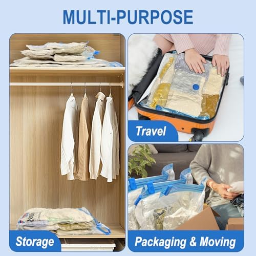 10 Pack Large Vacuum Storage Bags with Hand Pump, Plastic Packaging Bags, 80% Space Saver Vacuum Seal Bags for Clothing, Travel Lugggage, Blankets, Comforters
