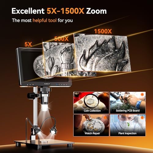 Elikliv EDM9 Max Digital Microscope: 20MP 10.1" 1500X HD IPS HDMI Coin Microscope Magnifier for Error Coins with Screen & Light, LCD Soldering Microscopes for Adults, PC/TV View, 64GB