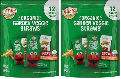 Earth's Best Organic Kids Snacks, Sesame Street Toddler Snacks, Organic Garden Veggie Straws for Toddlers 2 Years and Older, Original, Multipack, .5 oz Bags, 12 Count (Pack of 2)