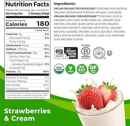 Orgain Organic Vegan Protein Powder, Strawberries & Cream - 21g of Plant Based Protein, Low Net Carbs, Gluten/ Lactose Free, No Sugar Added, Soy Free, Non-GMO, 2.03 Lb
