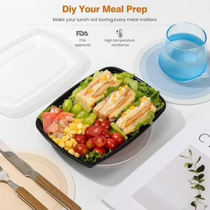 Glotoch Express 32oz 1-Compartment Black Square Food Containers with Lids, Durable BPA-Free Plastic Meal Prep Boxes, Microwave/Freezer/Dishwasher Safe, 300 Pack