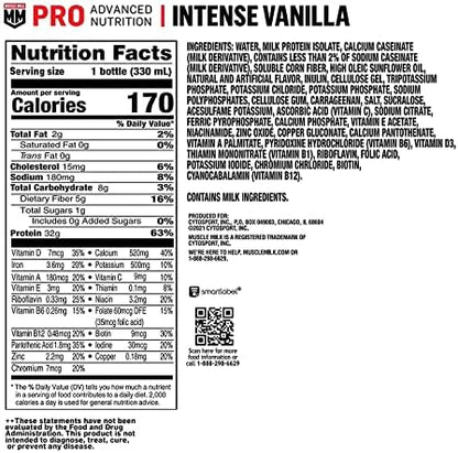 Muscle Milk Pro Advanced Nutrition Protein Shake, Intense Vanilla, 11.16 Fl Oz (Pack of 12), 32g Protein, 1g Sugar, 16 Vitamins & Minerals, 5g Fiber, Workout Recovery, Energizing Snack, Packaging May Vary