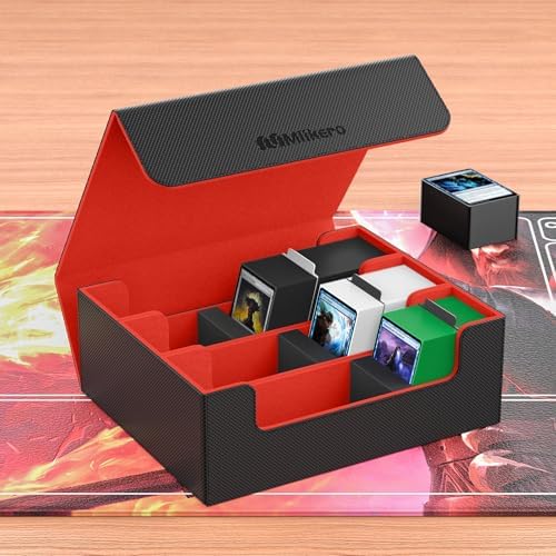 Mlikero Card Deck Case, 1800+ Trading Card Storage Box with 10 Dividers and 3 Foam Stoppers, Leather Magnetic Closure Commander Deck Box Fit for YuGiOh, MTG and Sport Cards(Black&Red)