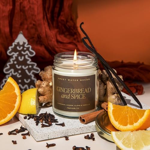 Sweet Water Decor Gingerbread and Spice Candle - Orange, Lemon, and Gingerbread Soy Christmas Candles - Gold Foil Pattern 9oz Clear Jar, 40 Hour Burn Time, Made in the USA