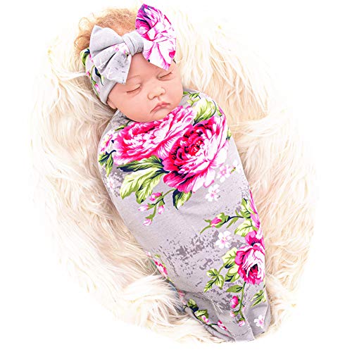 Galabloomer Newborn Receiving Blanket Headband Set Baby Flower Rose Swaddle with Big Bow (Gray)