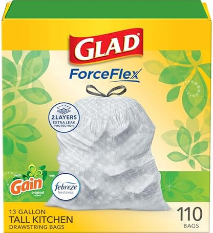 Glad ForceFlex Tall Kitchen Trash Bags, 13 Gal, Gain Original with Febreze, 110 Ct (Pack May Vary)
