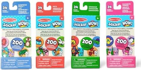 Melissa & Doug Sticker Wow!™ Mini Activity Pad and Refill Stickers 4-Pack (Dinosaur, Pets, Favorite Things, Surprise Pack 1) – 200 Stickers Each (800 Total) for Any Sticker Stamper (Not Included)