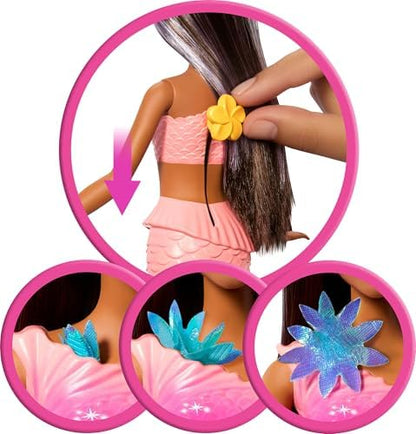 Barbie Mermaid Toy Dolls with Surprise Magic Blooming Flowers Feature, Ombre Tails, Pearl Headband Accessory & Long Brown Hair with Purple Highlights