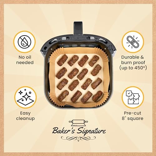250 pcs Air Fryer Liners, Disposable Airfryer Paper Liners – Non-Stick and Oil Proof for Easy Cleanup, Great for Oven, Pans & Baking – 8” Square for 5-8 qt Basket by Baker's Signature