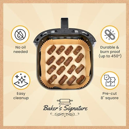 250 pcs Air Fryer Liners, Disposable Airfryer Paper Liners – Non-Stick and Oil Proof for Easy Cleanup, Great for Oven, Pans & Baking – 8” Square for 5-8 qt Basket by Baker's Signature