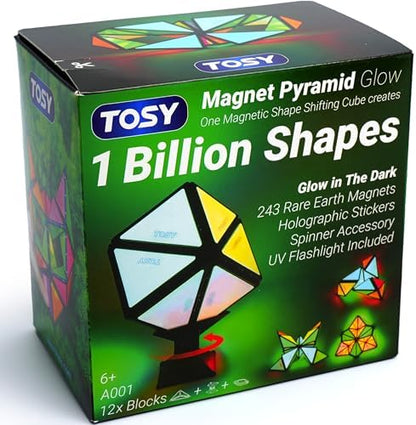 TOSY Magnet Pyramid Glow - 1 Cube Transforms into 1 Billion Shapes, 12 Pieces, 243 Rare Earth Magnets, Glowing, Holographic Design Magnet Tiles Creative Puzzle STEM/STEAM Toy