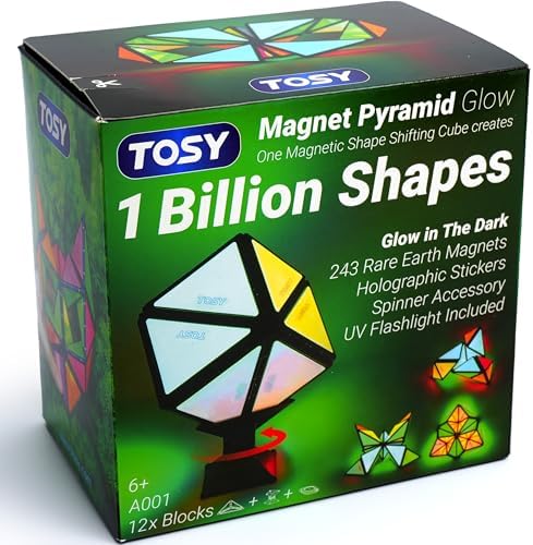 TOSY Magnet Pyramid Glow - 1 Cube Transforms into 1 Billion Shapes, 12 Pieces, 243 Rare Earth Magnets, Glowing, Holographic Design Magnet Tiles Creative Puzzle STEM/STEAM Toy