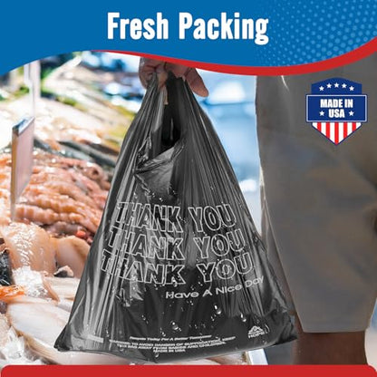 Fuxury 1000 Count Thank You Plastic Bags Black (12" x 6.5" x 21"), T-shirt, Grocery, Take Out, To Go,Restaurants, Retail Shopping Bags in Bulk for Small Business (Made in USA)