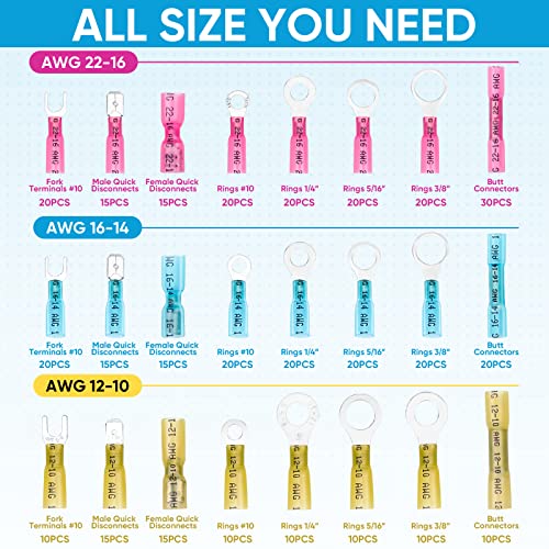 TICONN 400Pcs Heat Shrink Wire Connectors, Waterproof Automotive Marine Electrical Terminals Kit, Crimp Connector Assortment, Ring Fork Spade Butt Splices