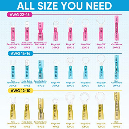 TICONN 400Pcs Heat Shrink Wire Connectors, Waterproof Automotive Marine Electrical Terminals Kit, Crimp Connector Assortment, Ring Fork Spade Butt Splices