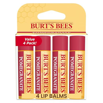 Burt's Bees Back to School Gift Ideas, Lip Balm - Pomegranate, Lip Moisturizer With Responsibly Sourced Beeswax, Tint-Free, Natural Origin Conditioning Treatment, 4 Tubes, 0.15 oz.