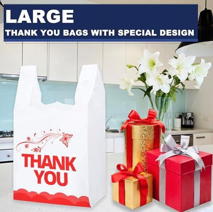 1000PCS White “Thank You” T-Shirt Bags – Reusable & Disposable Grocery and Supermarket Shopping Bags, 11"x6"x21"
