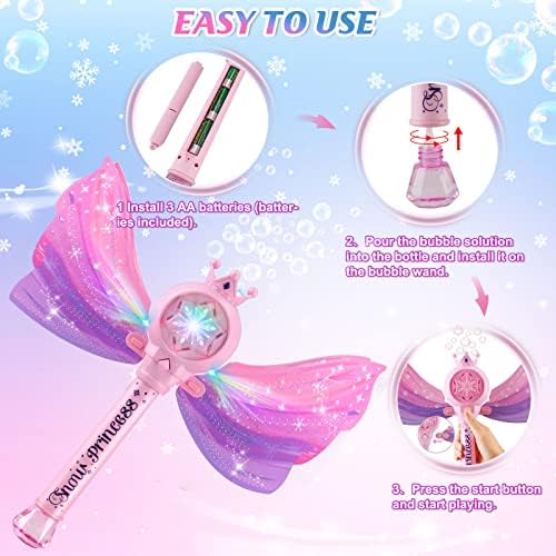 Bubble Wands for Kids Girls - LED Light & Music Bubble Machine: 3 AA Batteries & 2 Bubble Solutions, Outdoor Party Birthday Toys for Toddlers, Gift for 3 4 5 6 7 8 Year Old Girls