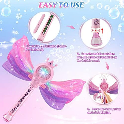 Bubble Wands for Kids Girls - LED Light & Music Bubble Machine: 3 AA Batteries & 2 Bubble Solutions, Outdoor Party Birthday Toys for Toddlers, Gift for 3 4 5 6 7 8 Year Old Girls