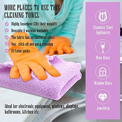 24 Pack Kitchen Dishcloths - Does Not Shed Fluff - Reusable Dish Towels, Dish cloths, Super Absorbent Coral Fleece Cleaning Cloths, Nonstick Oil Washable Fast Drying, 16 x 19 Inch (Multicolor)