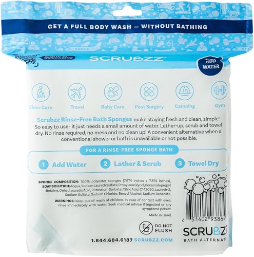 Scrubzz Disposable No Rinse Bathing Wipes - All-in-1 Single Use Shower Wipes, Simply Dampen, Lather, and Dry Without Shampoo or Rinsing (Unscented, 2-Pack)