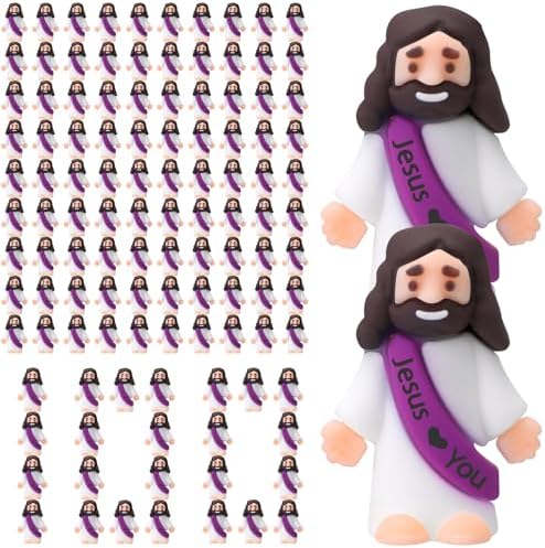 Bememo 100 Pcs Little Jesus Figures Jesus Loves You Original Design Rubber Pocket Toys Little Figures to Hide and Seek Sunday School Religious Party Share Gifts(Purple)
