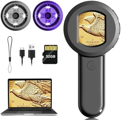 Pocket Digital Microscope for Adults Kids: 100X Handheld Magnifying Glass with Light, USB Coin Magnifier for Collector, Portable Jewelers Loupe with 2" Screen, Mini Scope for Trichome