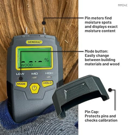 General Tools MMD4E Digital Moisture Meter, Water Leak Detector, Moisture Tester, Pin Type, Backlit LCD Display With Audible and Visual High-Medium-Low Moisture Content Alerts, Grays