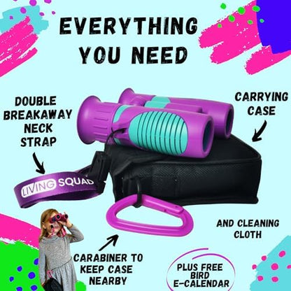 Kids Binoculars 8x21 Purple- Girls Age 3-12, Shock Proof Compact Binoculars Child Set- Neck Strap, Compass, Carabiner, Case, High-Resolution Bird Watching Optics Child Gift CampingToy Travel