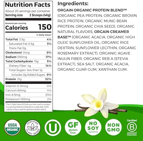 Orgain Organic Vegan Protein Powder, Vanilla Bean - 21g Plant Protein, 4g Prebiotic Fiber, No Lactose Ingredients, No Added Sugar, Non-GMO, For Shakes & Smoothies, 2.03 lb (Packaging May Vary)