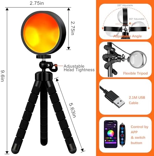 Sunset Lamp Projector 21 Color Changing Sunlight Lamp Mood Lighting,Sunrise Sunset Light 360°Rotation LED Projection Lamp for Room Decor,Party,Tiktok Live,Photography|Multicolors, APP & Button Switch