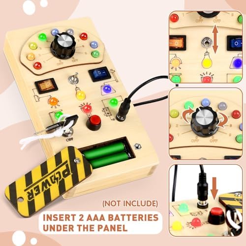 Joyreal Toddler Busy Board, Wooden Montessori Busy Board Sensory Board with LED Light Switch, Sensory Toys Baby Fidget Board Travel Toys for Toddler