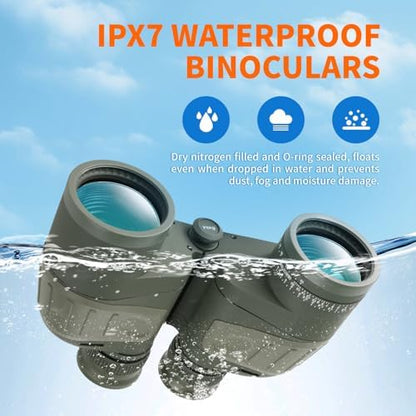 10X50 Marine Binoculars with Rangefinder Compass,Phone Adapter,Strap,BAK4 Lens,Shockproof Military Tacticle IPX7 Floating Waterproof Binocular for Adults Sailing Boating Hunting Birdwatching