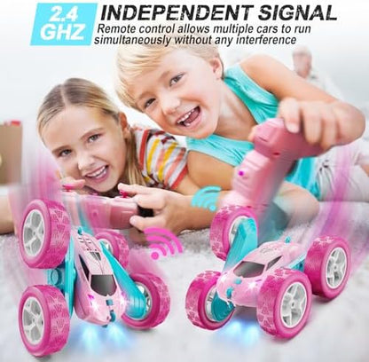 RC Cars, Pink Remote Control Car for Girls, 2.4 GHZ Double Sided RC Stunt Car 360° Rotating Remote Control Crawler with Headlights Car Toys for 6 7 8 9 10 11 12 Girls Birthday Gift
