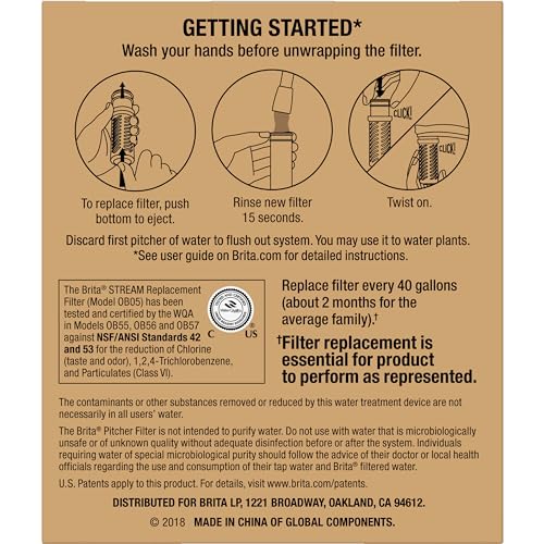 Brita Stream Pitcher Water Filter for Pitchers and Dispensers, BPA-Free, Replaces 1,800 Plastic Water Bottles a Year, Lasts Two Months or 40 Gallons, Includes 2 Filters