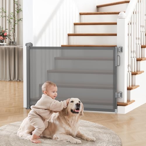 Retractable Baby Gate for Stairs, 55" Wide Mesh Dog Gate Indoor, 34'' Tall Child Gate for Doorways, Hallways, Deck, Indoor Outdoor Pet Baby Safety Essentials for Home, Grey