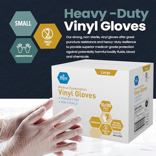 MED PRIDE Medpride Medical Vinyl Examination Gloves | Latex and Powder Free | Disposable, Ultra-Strong, Clear (1000, Large (Pack of 1000))