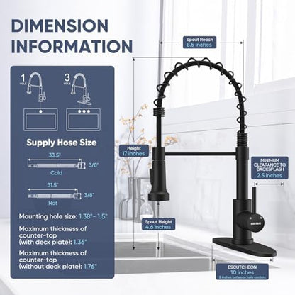Kitchen Faucets with Pull Down Sprayer Commercial Industrial Stainless Steel Single Handle Single Hole Spring Farmhouse RV Sink Faucet, Matte Black Kitchen Faucet for Laundry Utility Room Sink