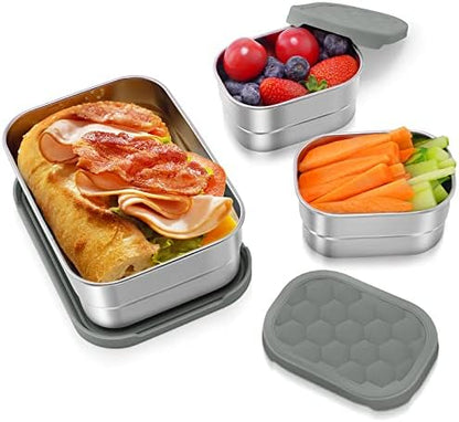 3 CUP+1 CUP Stainless Steel Lunch Snack Containers Set | Leak Proof 304 Stainless Steel Food Containers with Silicone Lids - Perfect Metal Lunch Box for School and Daycare (25oz+8oz*2)