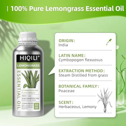 HIQILI 32 Fl Oz Lemongrass Essential Oil, 100% Pure Natural Undiluted Premium Oils