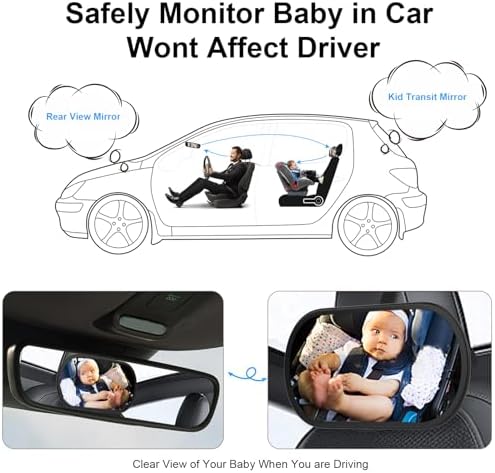 Baby Car Mirror, Safety Car Seat Mirror for Rear Facing Infant, Clear Wide View, 360°Rotation, Easily Observe the Baby Move, Secure, Shatterproof, Crash Tested and Certified (2-Pack)