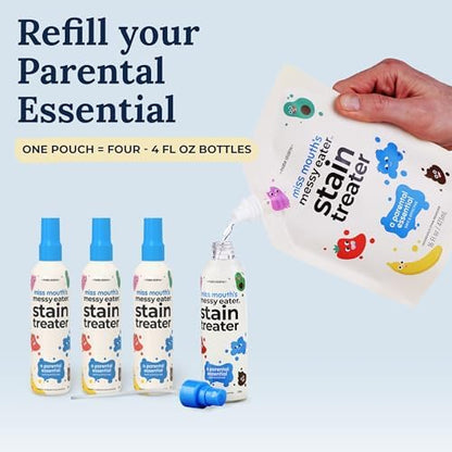 Miss Mouth’s Messy Eater Stain Treater Refill Ready Kit - 2 Pack Stain Remover Spray and 16oz Refill Pouch - Newborn & Baby Essentials - Food, Grease, Coffee Off Laundry, Underwear, Fabric