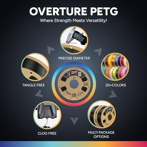 OVERTURE PETG 3D Printer Filament 1.75mm, Neatly Wound Durable PETG 1kg Spool (2.2lbs), Strong Toughness Filament, Dimensional Accuracy +/- 0.02mm, Fit Most FDM Printers (Black (1-Pack))