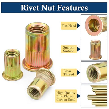 SAE Rivet Nut Assortment Kit(240Pcs),#6-32#8-32#10-24 1/4"-20 5/16"-18 3/8"-16 UNC Rivnut Threaded Insert Nut Set,Zinc Plated Finish Carbon Steel Nutsert