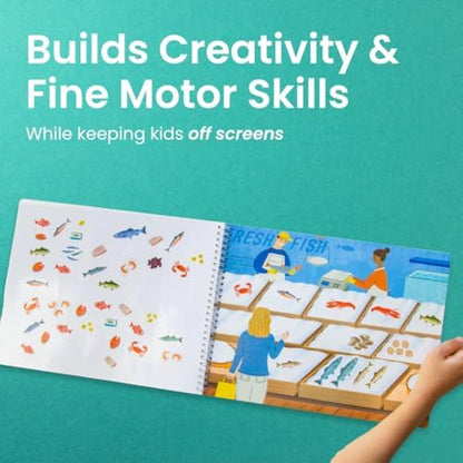 CUPKIN Sticker Book for Kids 2-4, 500+ Kids Stickers, Farmer's Market 12 Coloring Pages 12 Side by Side Scenes, Fun Toddler Travel Activity Coloring and Sticker Books for Children Ages 4-8 + 8-10